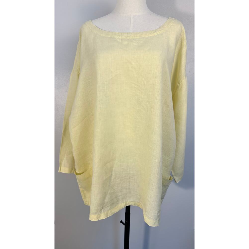 Eileen Fisher Yellow 100% Linen Tunic Top XL Oversized Lagenlook Boxy Pockets